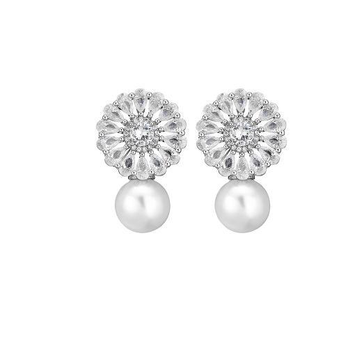 Boucles d'oreilles en laiton zircon cubique pavent, avec perle de plastique, pavé de micro zircon & pour femme, argent, Vendu par paire