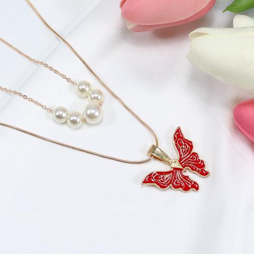 Tibetan Style Jewelry Necklace, with Plastic Pearl, with 6.8cm extender chain, Butterfly, fashion jewelry & for woman & enamel, more colors for choice, Length:Approx 50 cm, Sold By PC