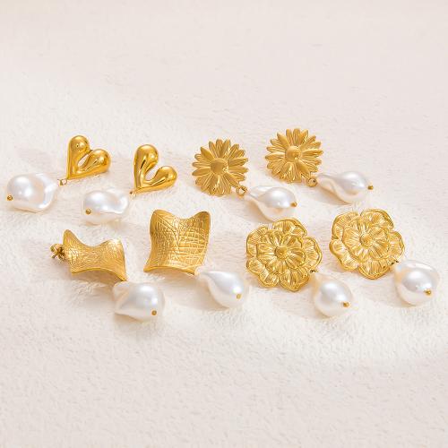 Stainless Steel Stud Earrings, 304 Stainless Steel, with Plastic Pearl, 18K gold plated, fashion jewelry & different styles for choice & for woman, golden, Sold By Pair