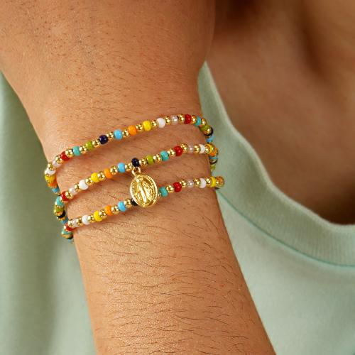 Seedbead bracelet, avec Cordon de noeud & alliage de zinc, Placage de couleur d'or, Réglable & multicouche & pour femme, multicolore, protéger l'environnement, sans nickel, plomb et cadmium, Vendu par PC