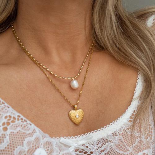 Stainless Steel Jewelry Necklace, 304 Stainless Steel, with ABS Plastic Pearl, gold color plated, fashion jewelry, golden, Sold By PC