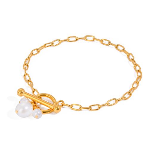 Stainless Steel Jewelry Bracelet, 304 Stainless Steel, with ABS Plastic Pearl, gold color plated, fashion jewelry, golden, Sold By PC