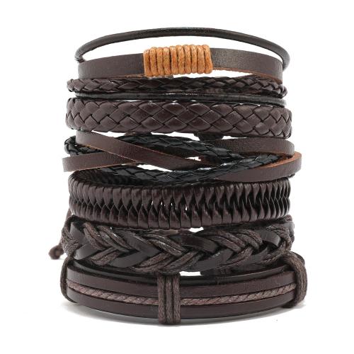 PU Leather Cord Bracelets, with Linen & Wax Cord, handmade, 6 pieces & fashion jewelry & for man, brown, Sold By Set