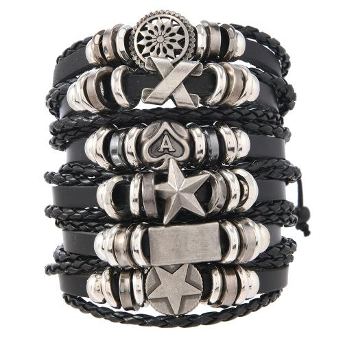 Pulseras de Cordón de PU, Cuero de PU, con Cáñamo & Cordón de cera & madera & plástico recubierto de cobre & aleación de zinc, hecho a mano, 6 piezas & Joyería & para hombre, Negro, Vendido por Set