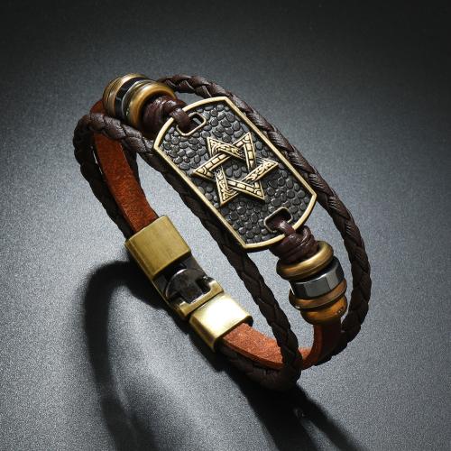 PU Leather Cord Bracelets, Tibetan Style, with PU Leather & Wax Cord & Hematite & Copper Coated Plastic, handmade, three layers & fashion jewelry & for man, more colors for choice, Sold By PC