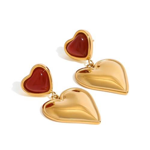 Stainless Steel Stud Earrings, 304 Stainless Steel, with Red Agate, Heart, plated, for woman, gold, Sold By Pair