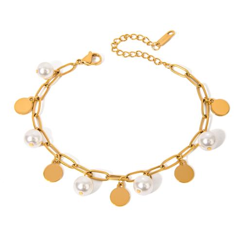 Pulsera de Acero Inoxidable, acero inoxidable 304, con Perlas plásticas, chapado, para mujer, dorado, Vendido por UD