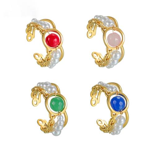 Stainless Steel Finger Ring, 304 Stainless Steel, with Plastic Pearl, plated, fashion jewelry & for woman & hollow, more colors for choice, Sold By PC