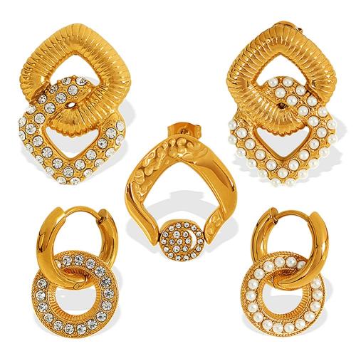 Boucle d'oreille de gaujon en acier inoxydable, Acier inoxydable 304, Placage, styles différents pour le choix & pour femme & avec strass & creux, doré, Vendu par paire