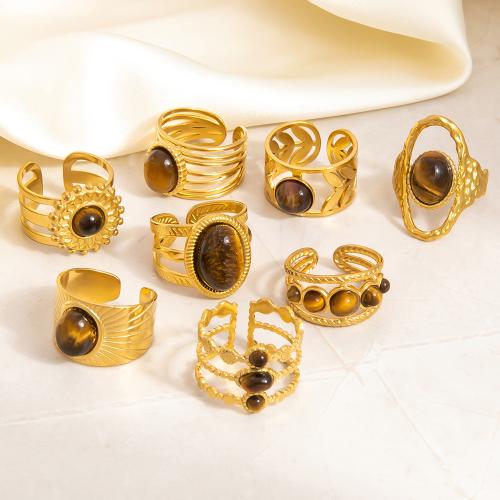 Anillo de dedo de acero inoxidable, acero inoxidable 304, con Ojo de tigre, Joyería & diferentes estilos para la opción & para mujer, dorado, Vendido por UD