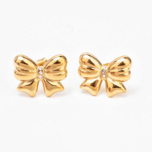 Stainless Steel Stud Earrings, 304 Stainless Steel, Bowknot, Vacuum Ion Plating, fashion jewelry & for woman & with rhinestone, more colors for choice, 18x14mm, Sold By Pair