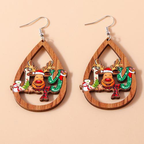 Christmas Earrings, Wood, with Tibetan Style, Teardrop, Christmas Design & different styles for choice & for woman & hollow, nickel, lead & cadmium free, Sold By Pair