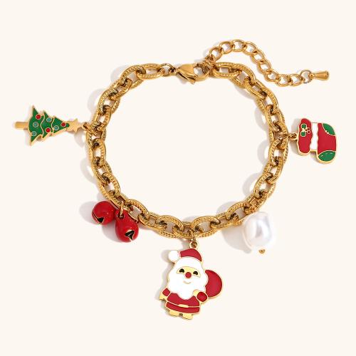 Christmas Holiday Bracelet, 304 Stainless Steel, 18K gold plated, Christmas Design & for woman & enamel, Sold By PC