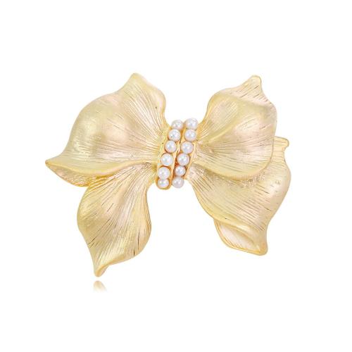 Tibetan Style Brooches, with Plastic Pearl, Bowknot, plated, for woman, gold, Sold By PC