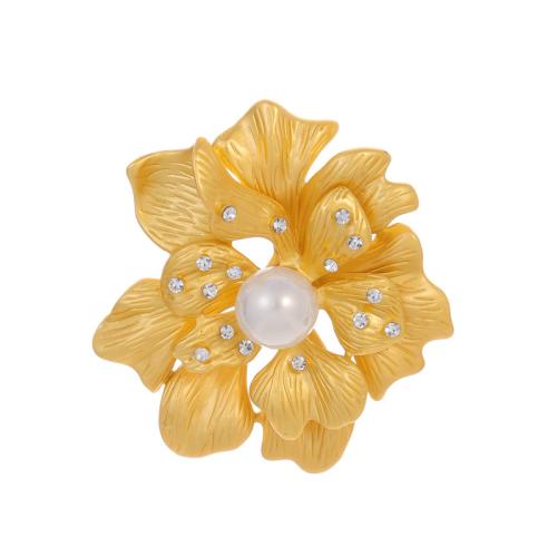 Tibetan Style Brooches, with Plastic Pearl, petals, plated, for woman & with rhinestone, golden, Sold By PC