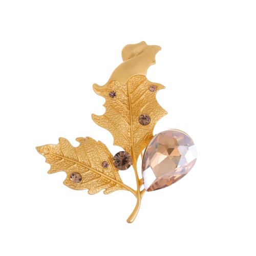 Tibetan Style Brooches, with Crystal, Ginkgo Leaf, plated, for woman & with rhinestone, gold, Sold By PC