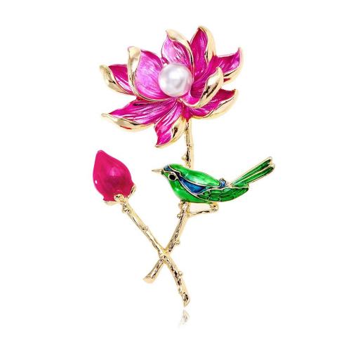 Tibetan Style Brooches, with Plastic Pearl, Lotus, plated, for woman & enamel, gold, Sold By PC