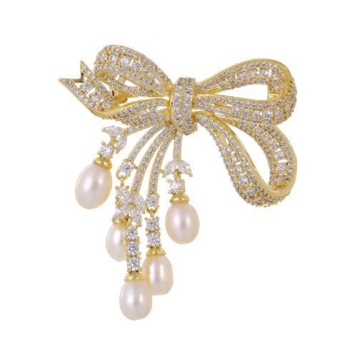 Fashion Brooch Jewelry, Brass, with Freshwater Pearl, Bowknot, plated, micro pave cubic zirconia & for woman, gold, Sold By PC