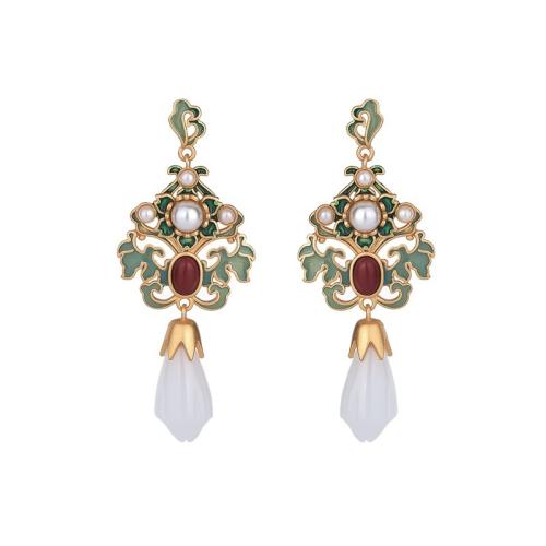 Brass Stud Earring, with Jade & Plastic Pearl, fashion jewelry & for woman & enamel, 52mm, Sold By Pair