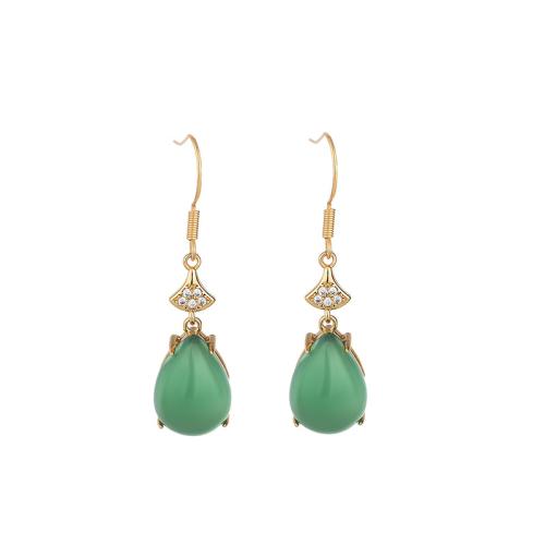 Brass Drop Earring, with Jade, fashion jewelry & micro pave cubic zirconia & for woman, 42mm, Sold By Pair