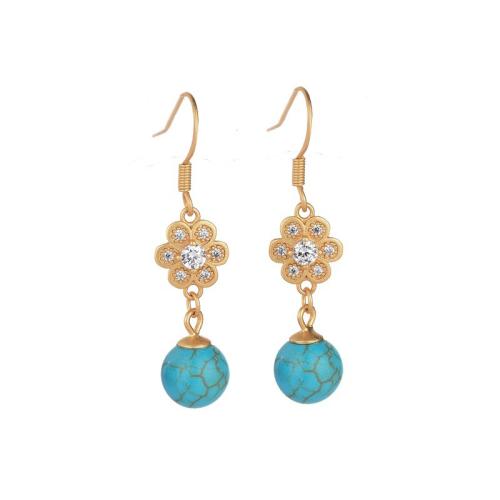 Boucles d'oreilles pendantes en laiton, avec turquoise synthétique, bijoux de mode & pavé de micro zircon & pour femme, 38mm, Vendu par paire