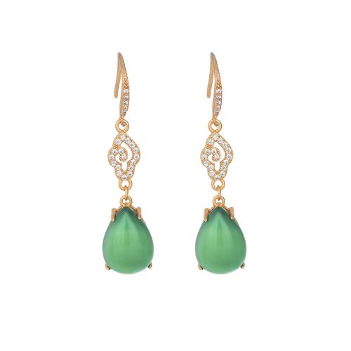 Brass Drop Earring, with Jade, fashion jewelry & micro pave cubic zirconia & for woman, 42mm, Sold By Pair