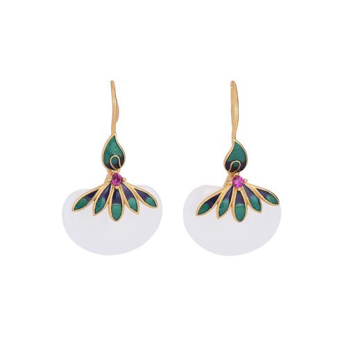 Brass Drop Earring, with Jade, fashion jewelry & micro pave cubic zirconia & for woman & enamel, 34mm, Sold By Pair