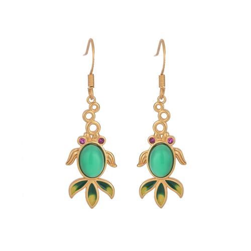 Brass Drop Earring, with Jade, Fish, fashion jewelry & micro pave cubic zirconia & for woman, 40mm, Sold By Pair