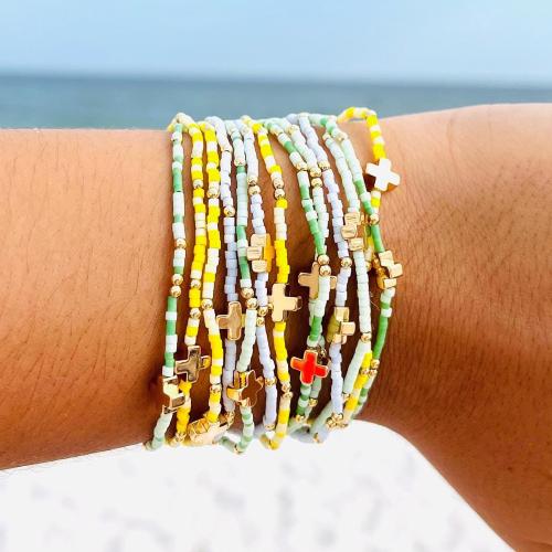 Pulseras de latón, metal, con Seedbead, chapado en color dorado, para mujer, multicolor, longitud:17.5 cm, 6PCs/Set, Vendido por Set