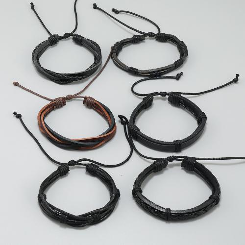 PU Leather Cord Bracelets, with Linen & Wax Cord, handmade, 6 pieces & fashion jewelry & for man, mixed colors, Sold By Set