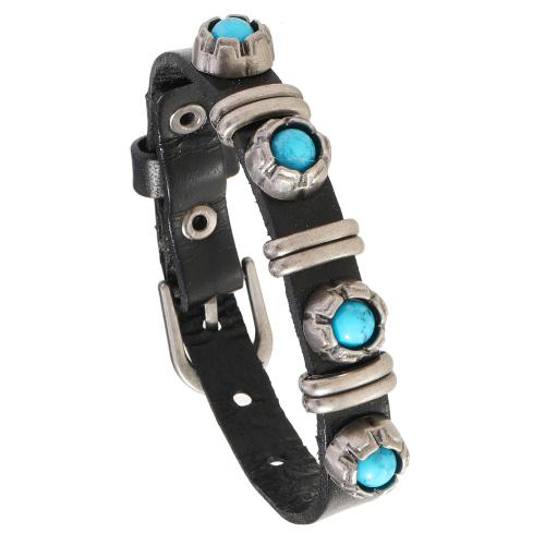 Bracelet de cuir de vachette, Cuir de vachette pleine fleur, avec turquoise & alliage de zinc, fait à la main, bijoux de mode & pour homme, noire, Vendu par PC