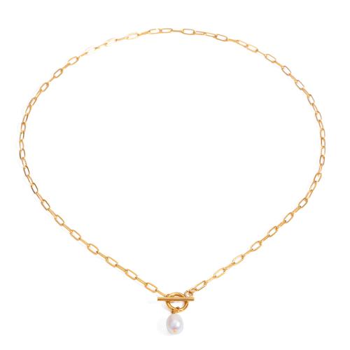 Stainless Steel Jewelry Necklace, 304 Stainless Steel, with Freshwater Pearl, plated, fashion jewelry & for woman, golden, Length:21.2 Inch, Sold By PC