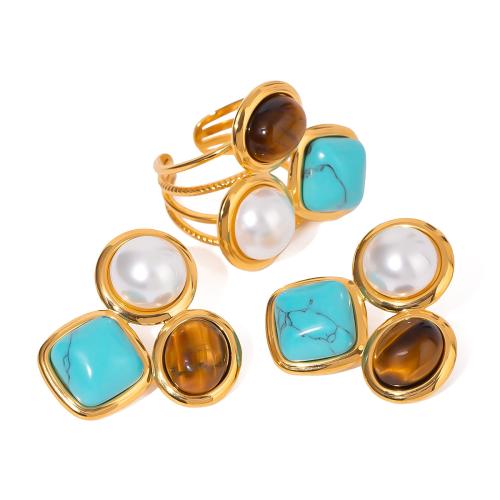 Fashion Stainless Steel Jewelry Sets, 304 Stainless Steel, with turquoise & Tiger Eye, plated, different styles for choice & for woman, gold, Sold By PC