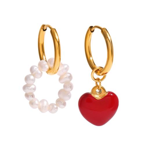 Huggie Hoop Drop Earring, 304 Stainless Steel, with Plastic Pearl, plated, for woman & enamel, gold, Sold By Pair