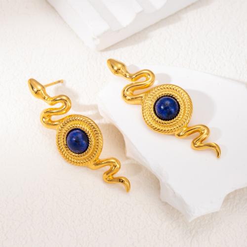 Stainless Steel Stud Earrings, 304 Stainless Steel, with Lapis Lazuli, Snake, fashion jewelry & for woman, golden, 39x13mm, Sold By Pair