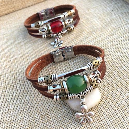 Cowhide Bracelet, 304 Stainless Steel, with cowhide cord & Lampwork, three layers & fashion jewelry & for woman, more colors for choice, Length:Approx 18 cm, Sold By PC