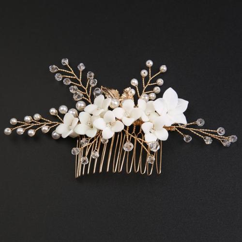 Decorative Hair Combs, Iron, with brass wire & Crystal & Plastic Pearl, for bridal & for woman, golden, 130x70mm, Sold By PC