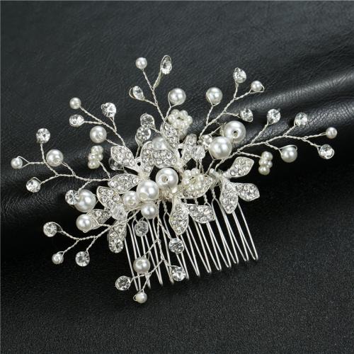 Decorative Hair Combs, Tibetan Style, with brass wire & Plastic Pearl, for bridal & for woman & with rhinestone, silver color, 120x80mm, Sold By PC