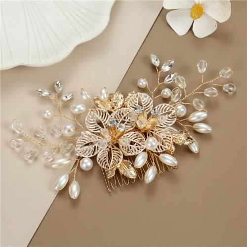 Decorative Hair Combs, Iron, with brass wire & Crystal & Plastic Pearl, for bridal & for woman, golden, 145x70mm, Sold By PC