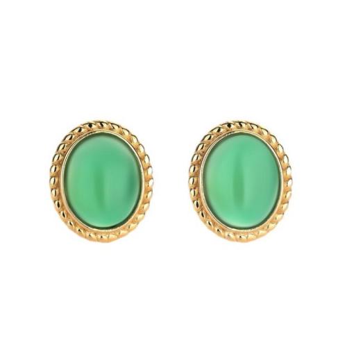 Brass Stud Earring, with Jade, fashion jewelry & for woman, 12x14mm, Sold By Pair