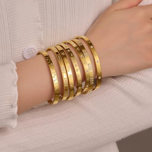 Brazalete del acero inoxidable, acero inoxidable 304, chapado en color dorado, diferentes patrones para la opción & micro arcilla de zirconia cúbica & para mujer, más colores para la opción, Vendido por UD