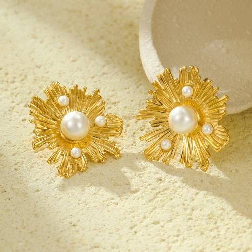 Stainless Steel Stud Earrings, 304 Stainless Steel, with Plastic Pearl, Flower, gold color plated, for woman, Sold By Pair