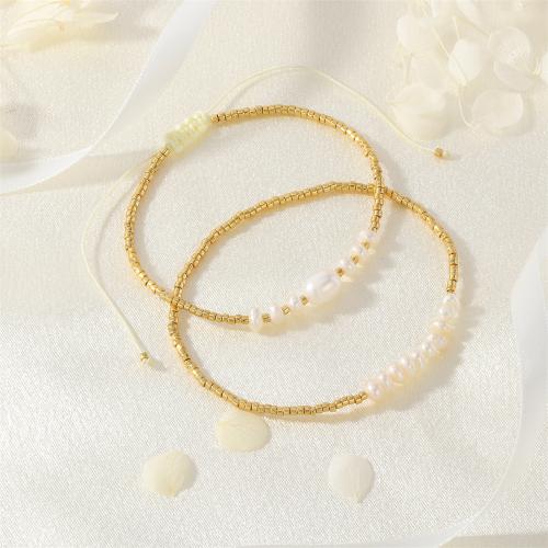 Brass Bracelet & Bangle, with Knot Cord & Freshwater Pearl & Glass, gold color plated, different styles for choice & for woman, more colors for choice, nickel, lead & cadmium free, Sold By PC