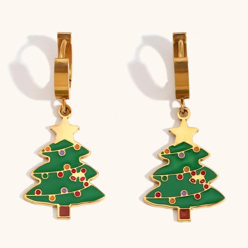 Christmas Earrings, 304 Stainless Steel, Christmas Tree, 18K gold plated, Christmas Design & for woman & enamel, Sold By Pair