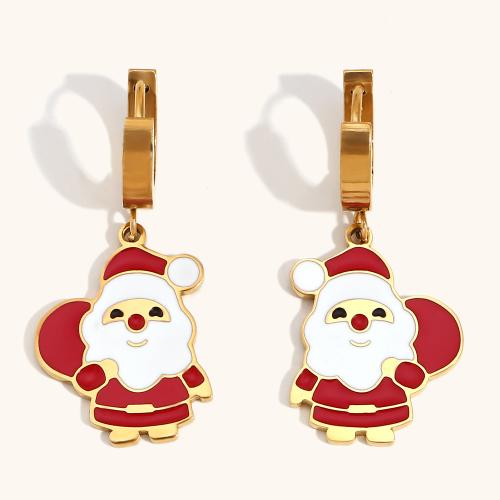 Christmas Earrings, 304 Stainless Steel, Santa Claus, 18K gold plated, Christmas Design & for woman & enamel, Sold By Pair