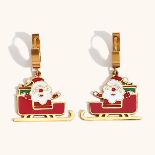 Christmas Earrings, 304 Stainless Steel, Santa Claus, 18K gold plated, Christmas Design & for woman & enamel, Sold By Pair