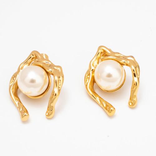 Stainless Steel Stud Earrings, 304 Stainless Steel, with Plastic Pearl, Vacuum Ion Plating, fashion jewelry & for woman, golden, 28x23mm, Sold By Pair