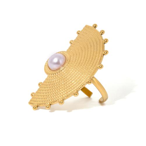 Stainless Steel Finger Ring, 304 Stainless Steel, with Plastic Pearl, plated, for woman, gold, Sold By PC