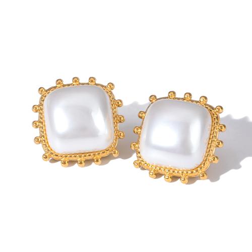 Stainless Steel Stud Earrings, 304 Stainless Steel, with Plastic Pearl, plated, for woman, gold, Sold By PC