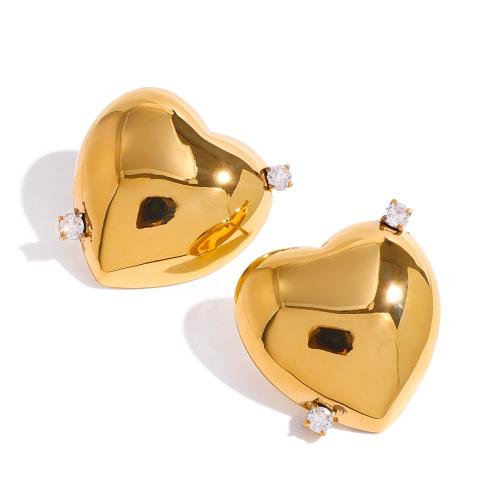 Pendientes de Acero Inoxidable, acero inoxidable 304, Corazón, chapado, micro arcilla de zirconia cúbica & para mujer, dorado, Vendido por Par